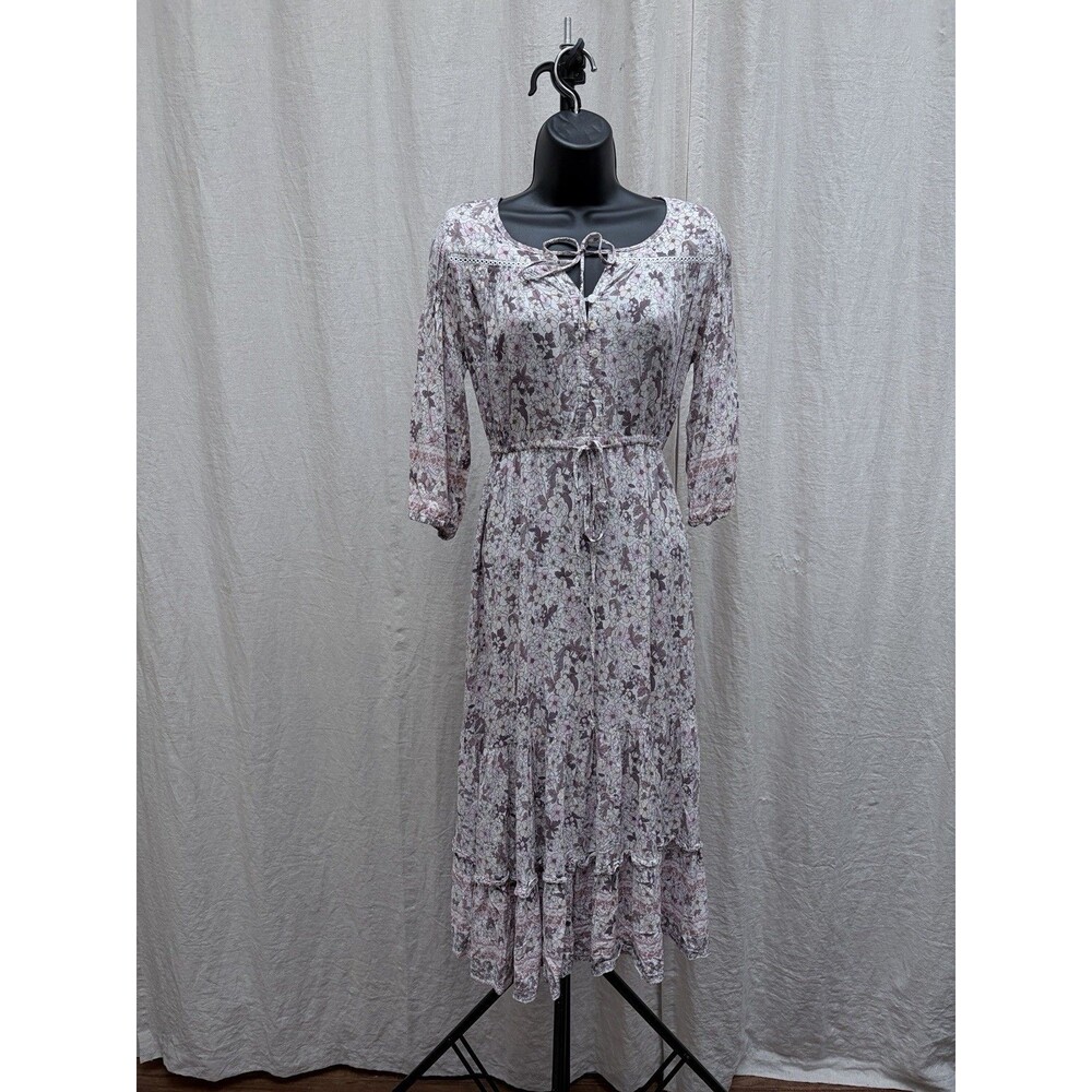 Jaase “Shorelines” Pink White Purple Floral Tie Ruffle Maxi 3/4 Sleeve S